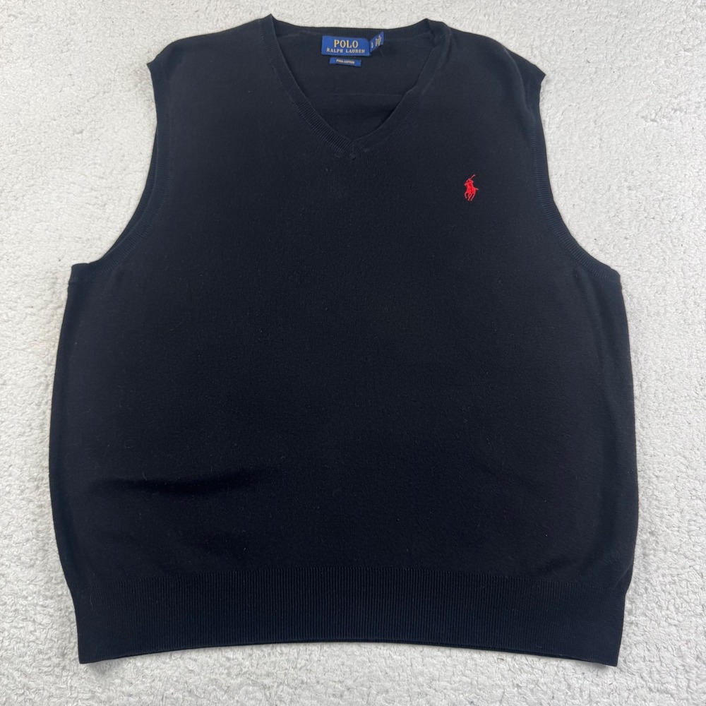 Polo Ralph Lauren Men's Large Black Pima Cotton V-Neck Sweater Vest Red Ponyβ